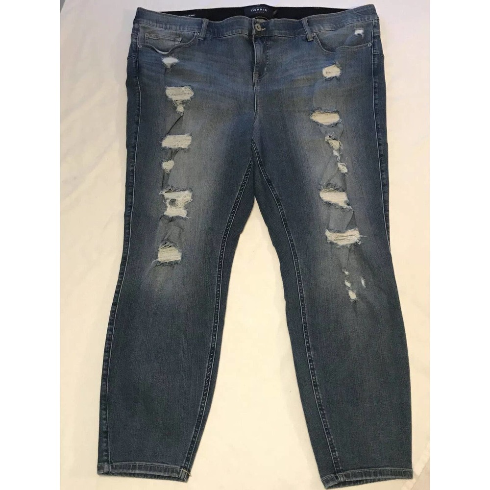 Torrid Bombshell Skinny Jeans Sz 26 R Medium Wash Distressed Holes Stretch Waist